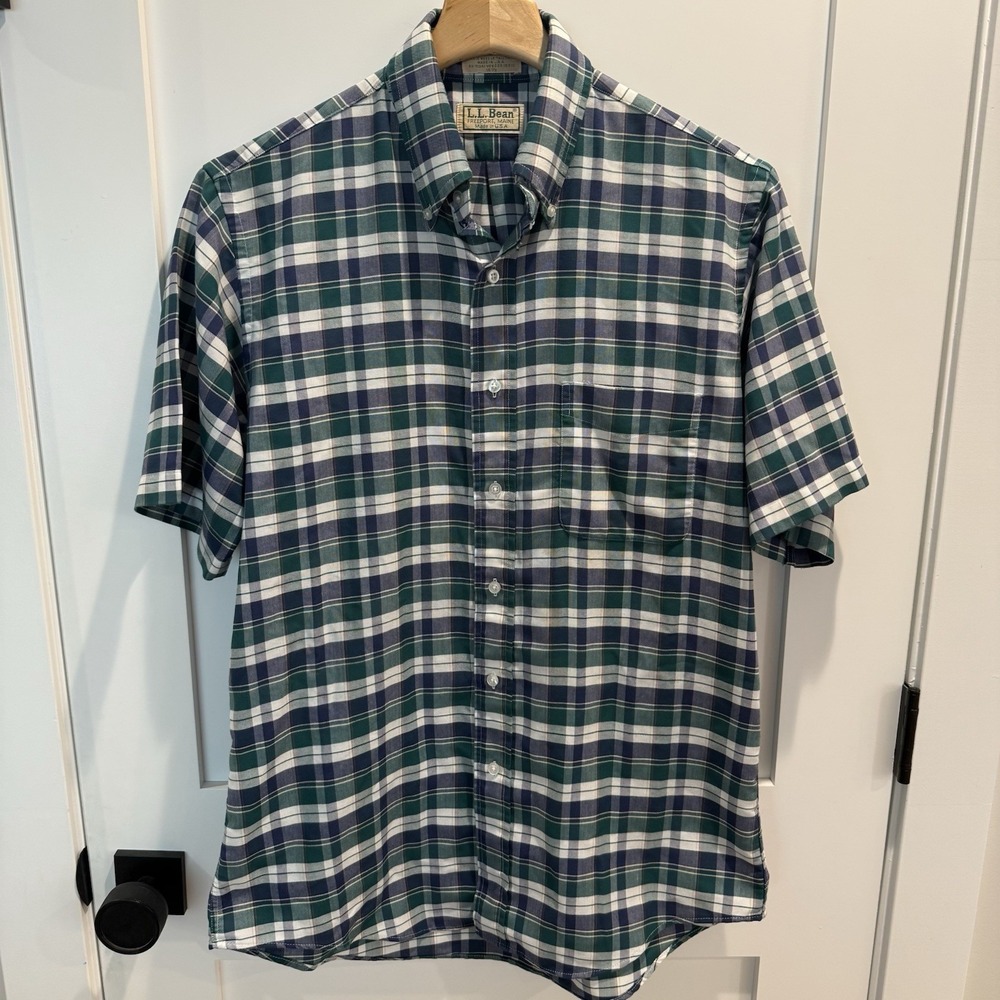 Vintage L.L.Bean Plaid Button Down Shirt Mens 15.5 M Green Navy White USA